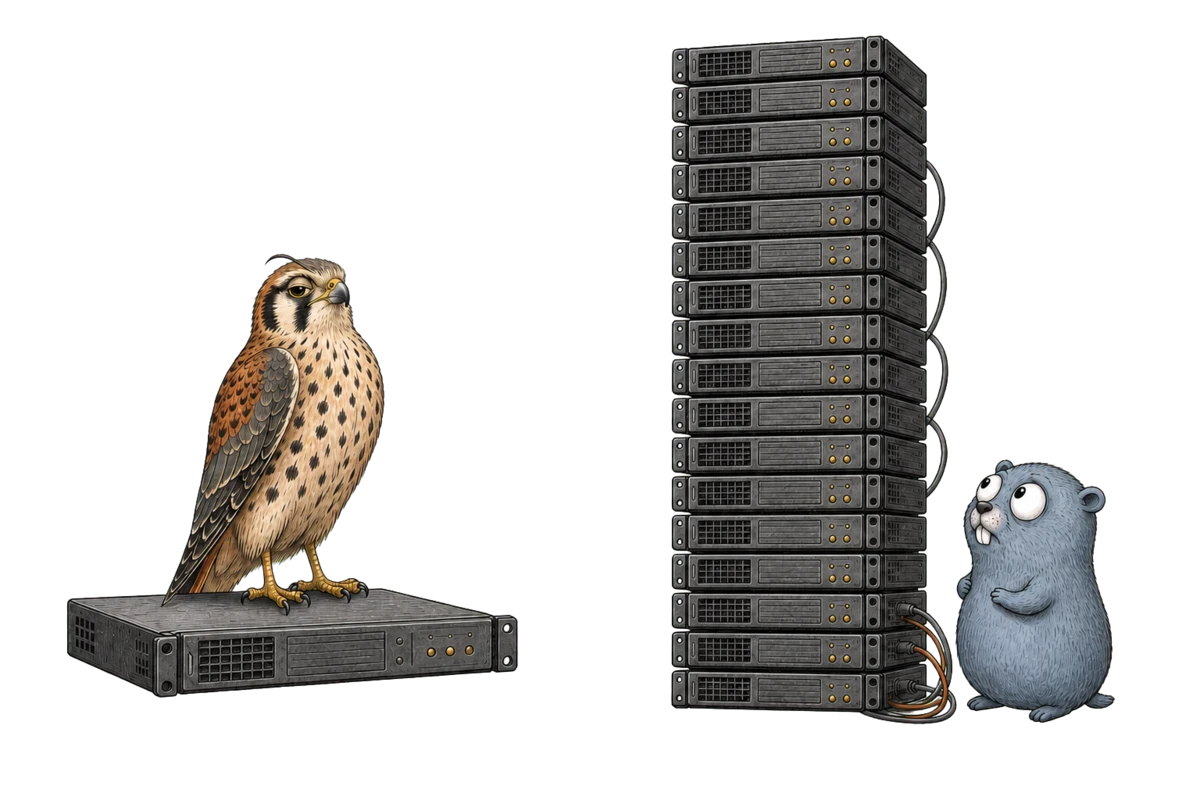 The same app's memory footprint, to scale: the kestrel perches on a single small server while the gopher stares up at its towering stack